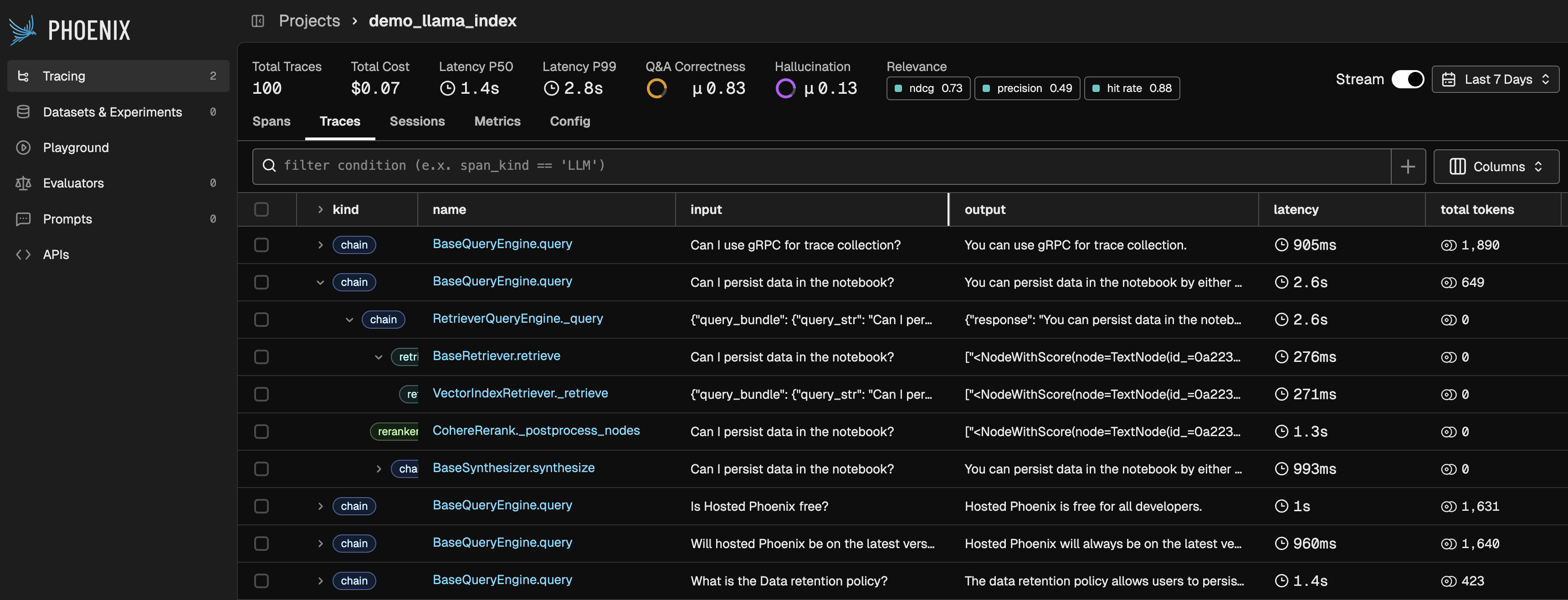 Arize Phoenix UI showing traces, evaluation metrics, and agent analysis
