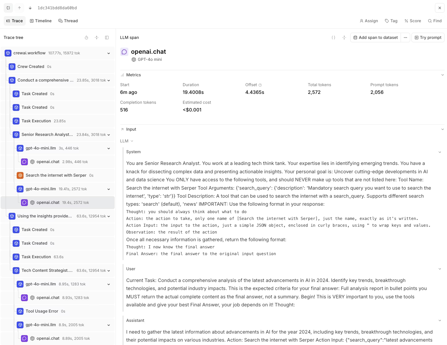 Braintrust trace view showing request details, spans, and scoring