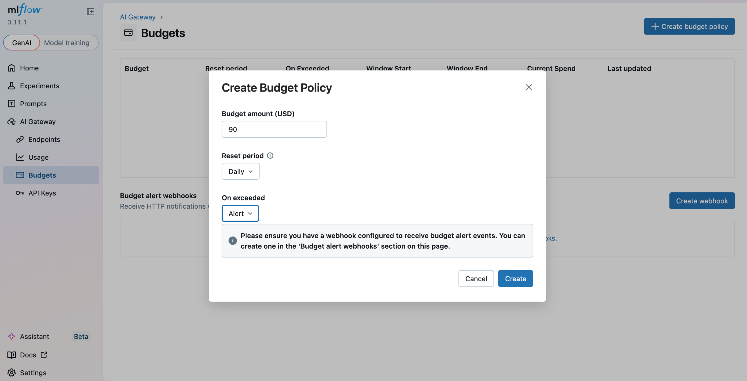 Create Budget Policy dialog in the MLflow AI Gateway UI, configuring a $90 daily ALERT policy