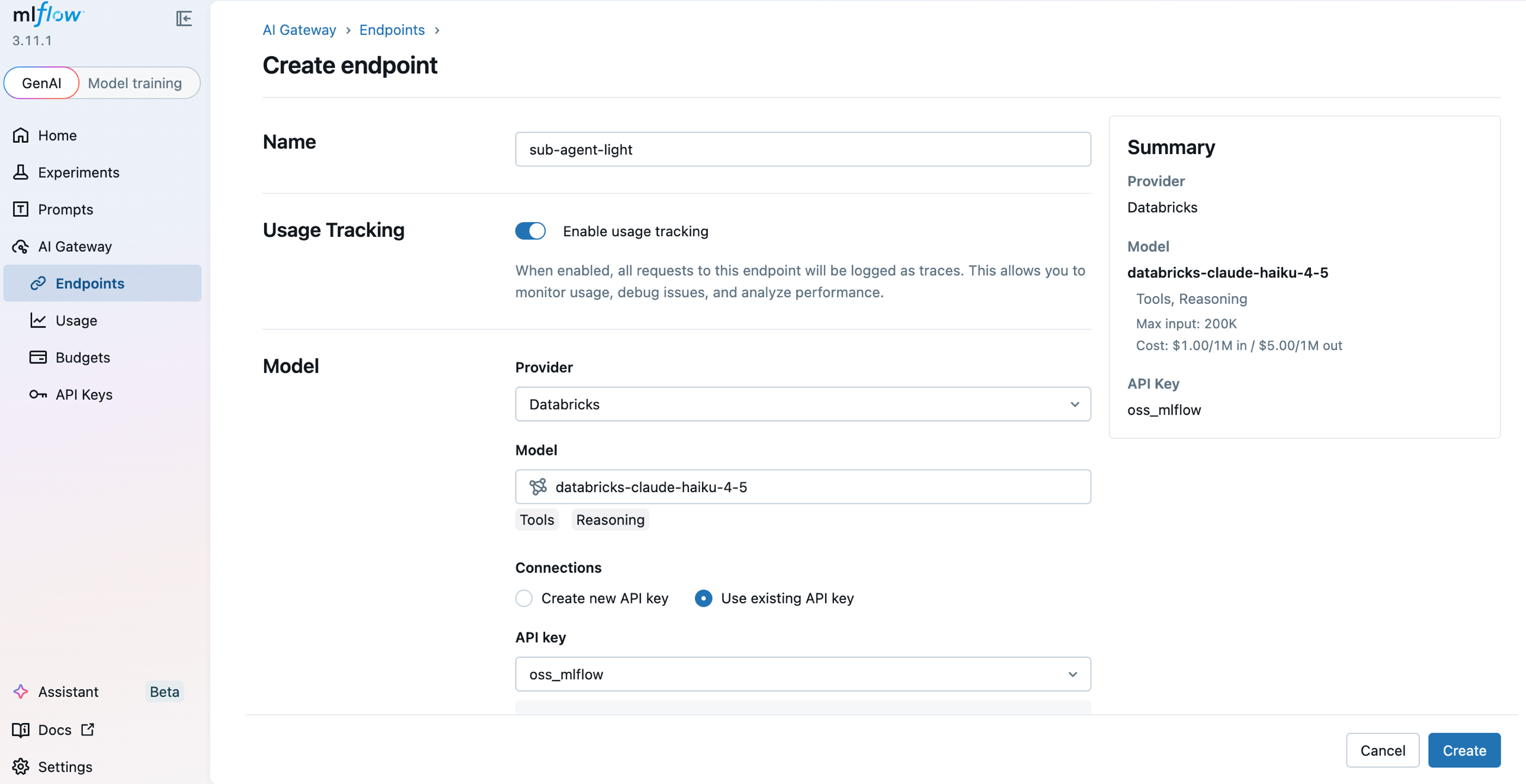 Create Endpoint form in the MLflow AI Gateway UI, configuring the sub-agent-light endpoint with the Databricks provider and the databricks-claude-haiku-4-5 model