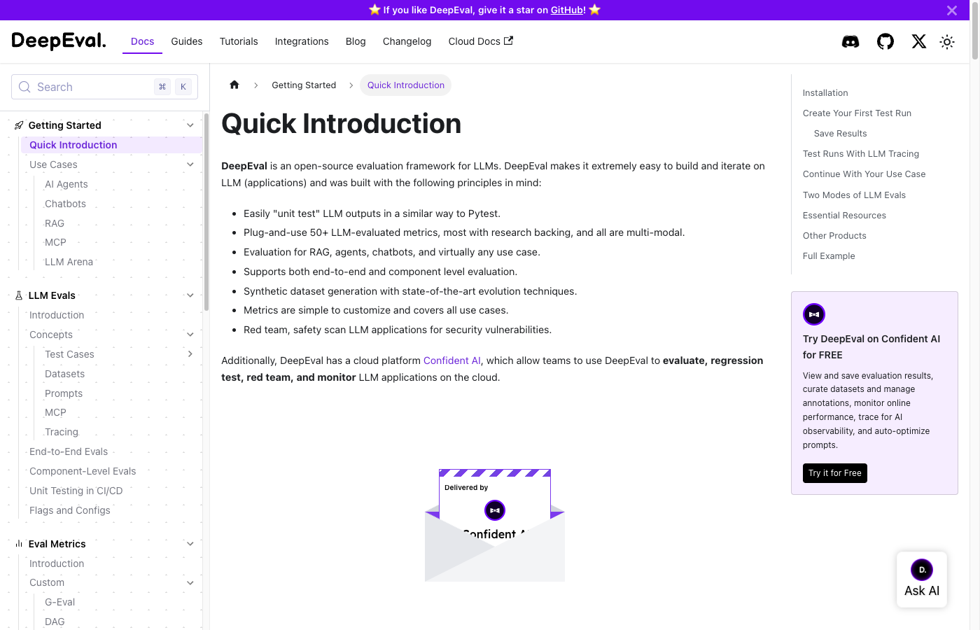 DeepEval documentation showing evaluation framework features and getting started guide