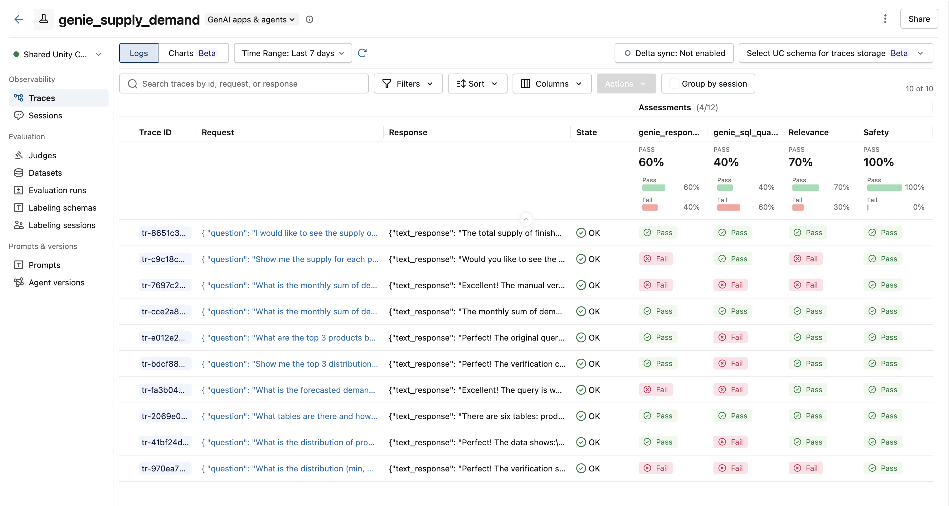 Genie traces with assessment columns showing evaluation results