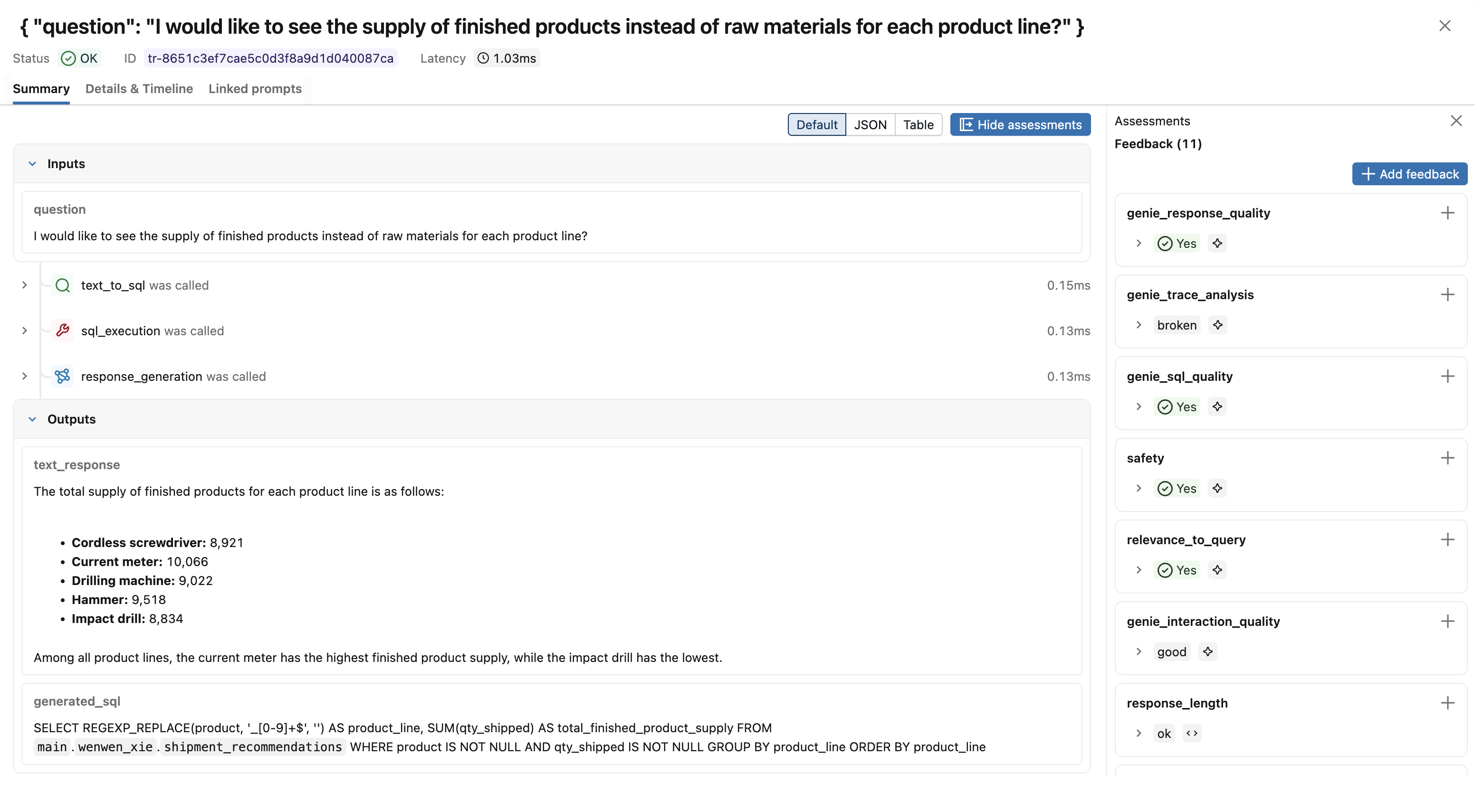 Trace detail with assessment panel showing all judge scores