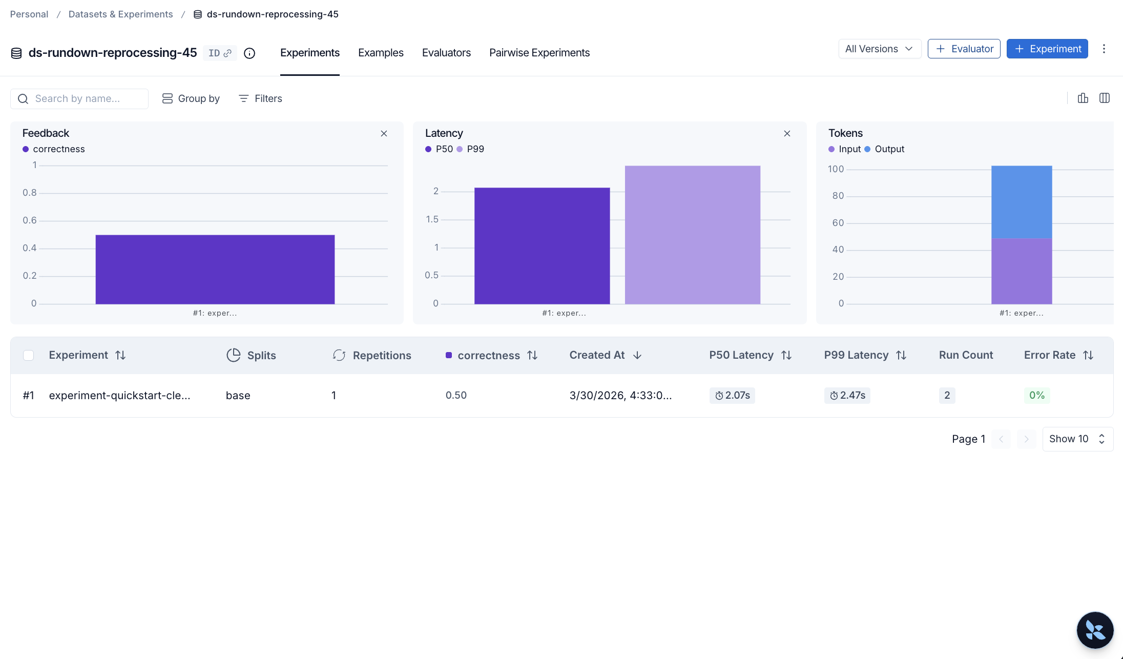 LangSmith evaluation UI showing evaluation runs, scores, and dataset management