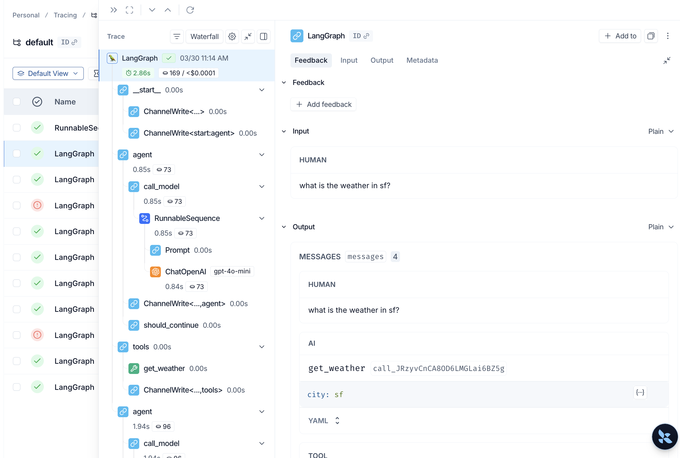 LangSmith tracing UI showing trace runs, inputs, outputs, and latency