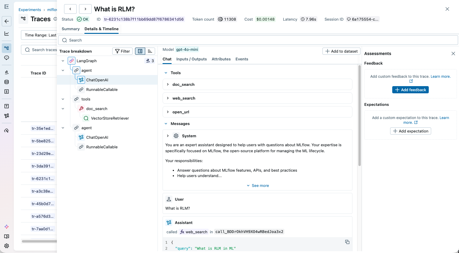 MLflow tracing UI showing a LangGraph agent trace with tool calls, messages, and assessments