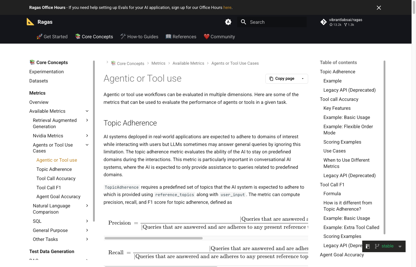 Ragas documentation showing agent evaluation metrics including goal accuracy and tool call accuracy