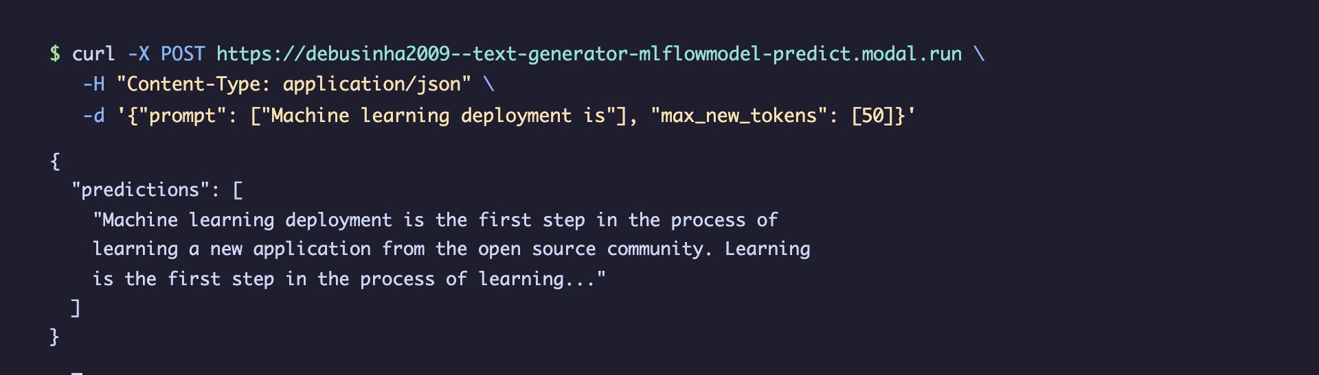 Terminal showing a curl request to the text-generator Modal endpoint with a text prompt, returning generated text predictions.