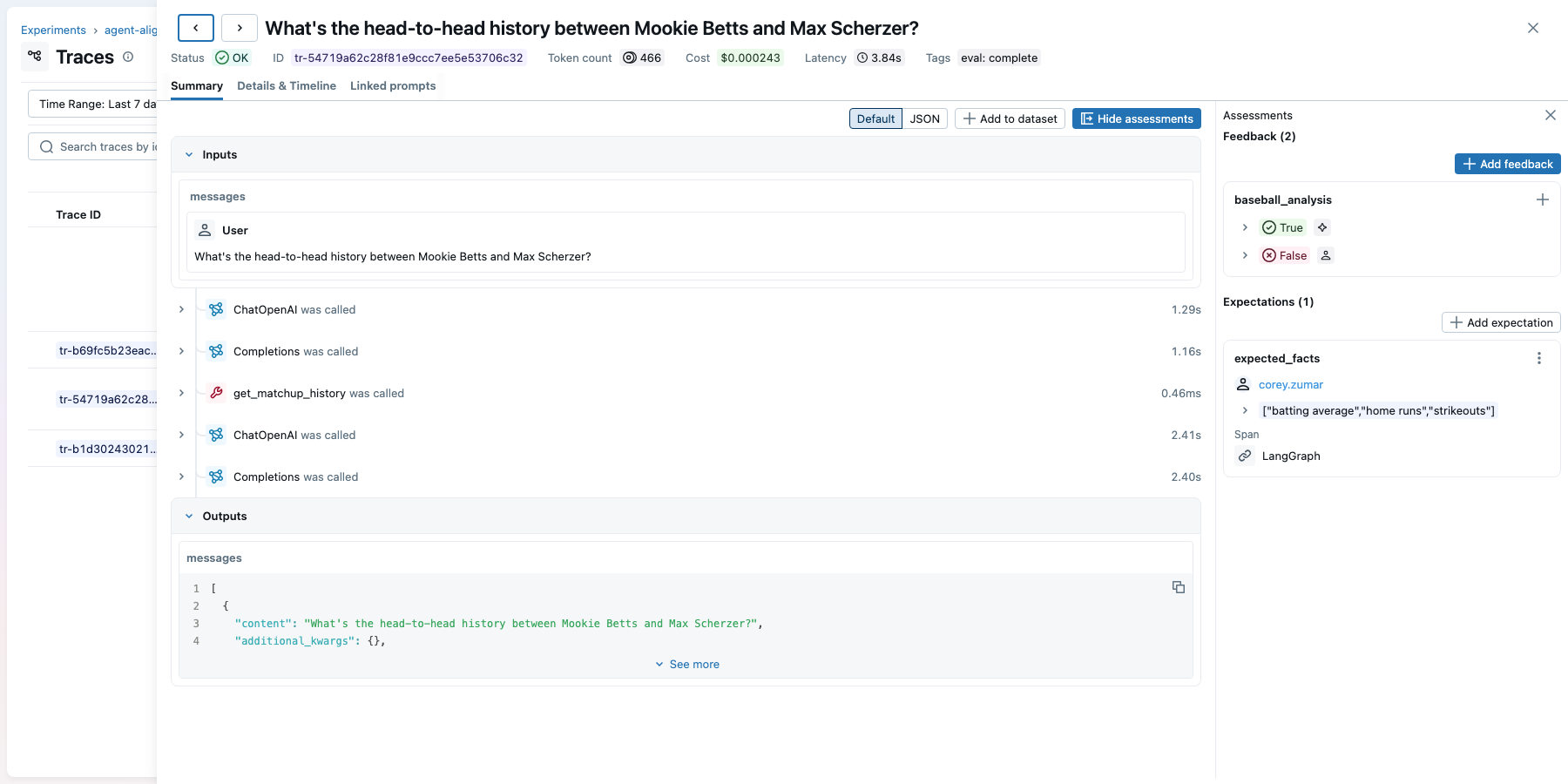 A trace detail view showing inputs, outputs, and the assessments panel with expert feedback