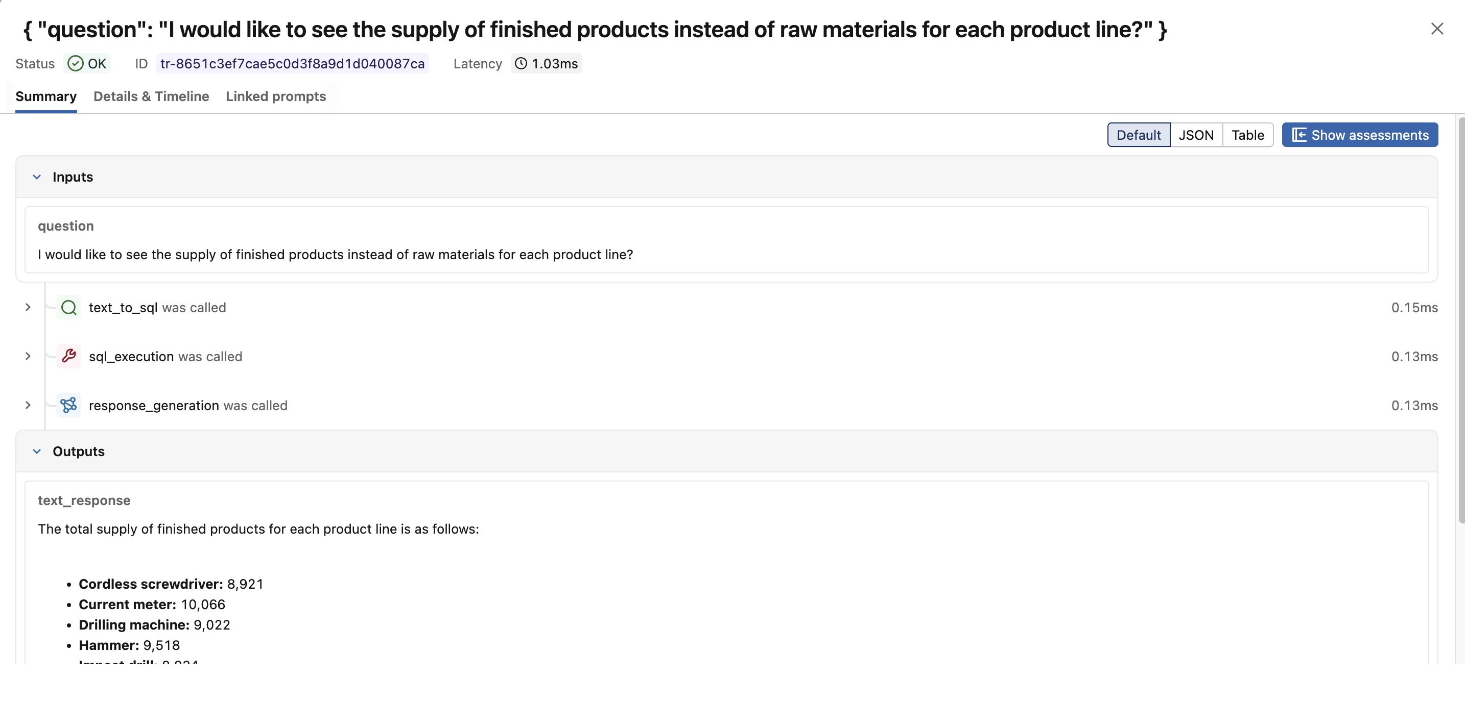 Trace detail showing spans and outputs