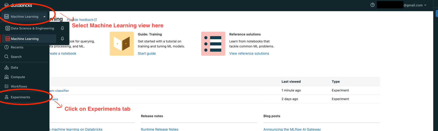Landing page of Databricks MLflow server