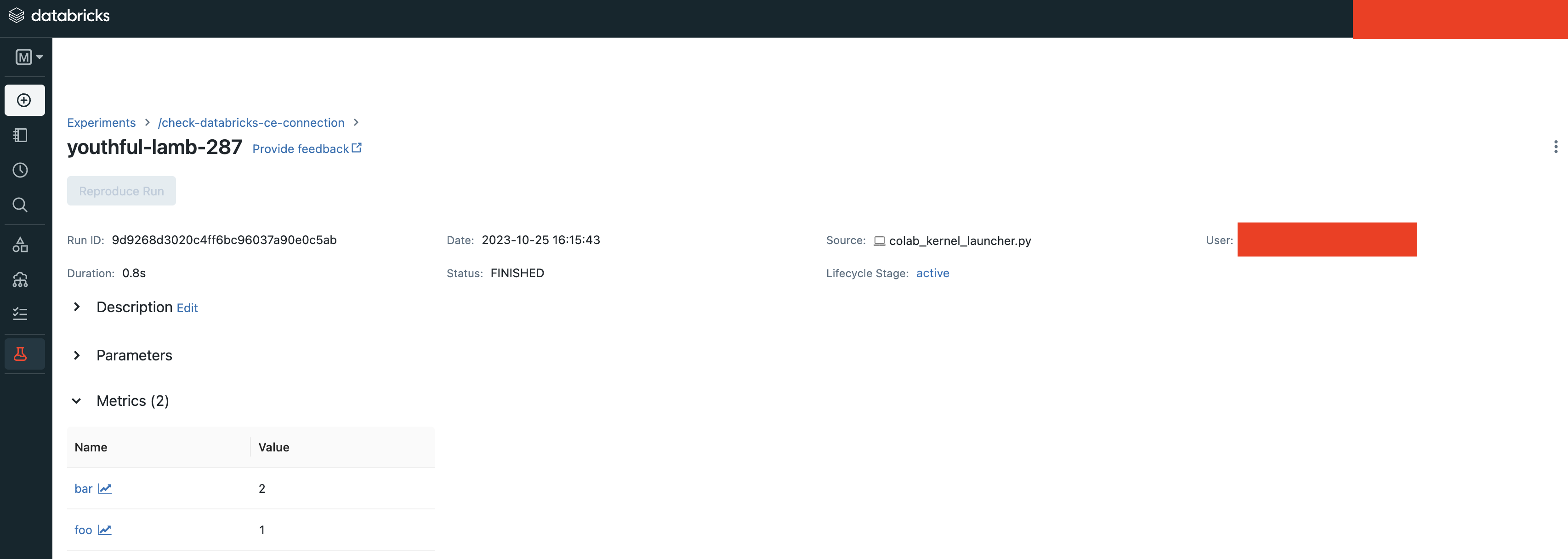 Experiment view of Databricks MLflow server