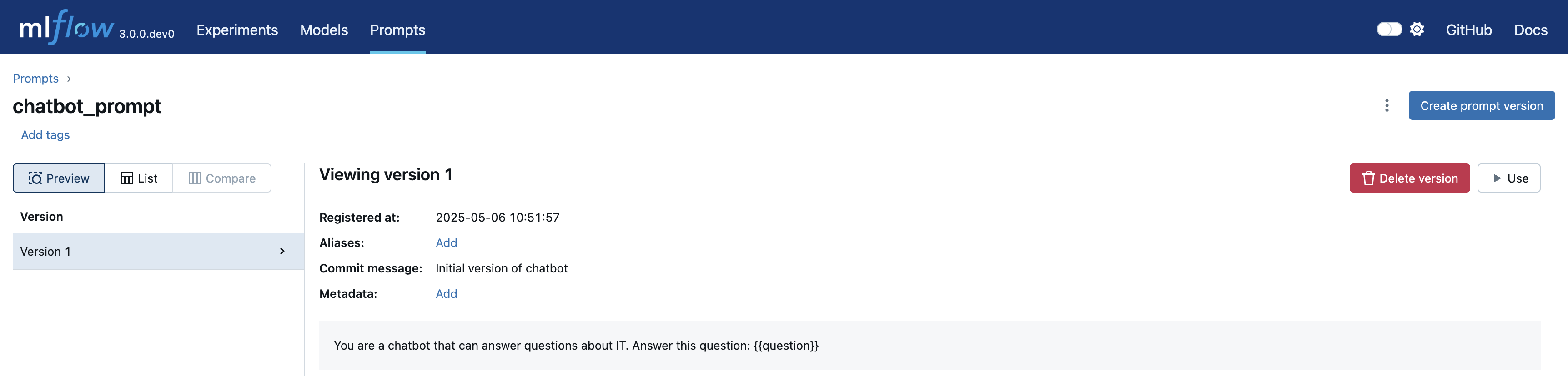 The MLflow UI showing a prompt version