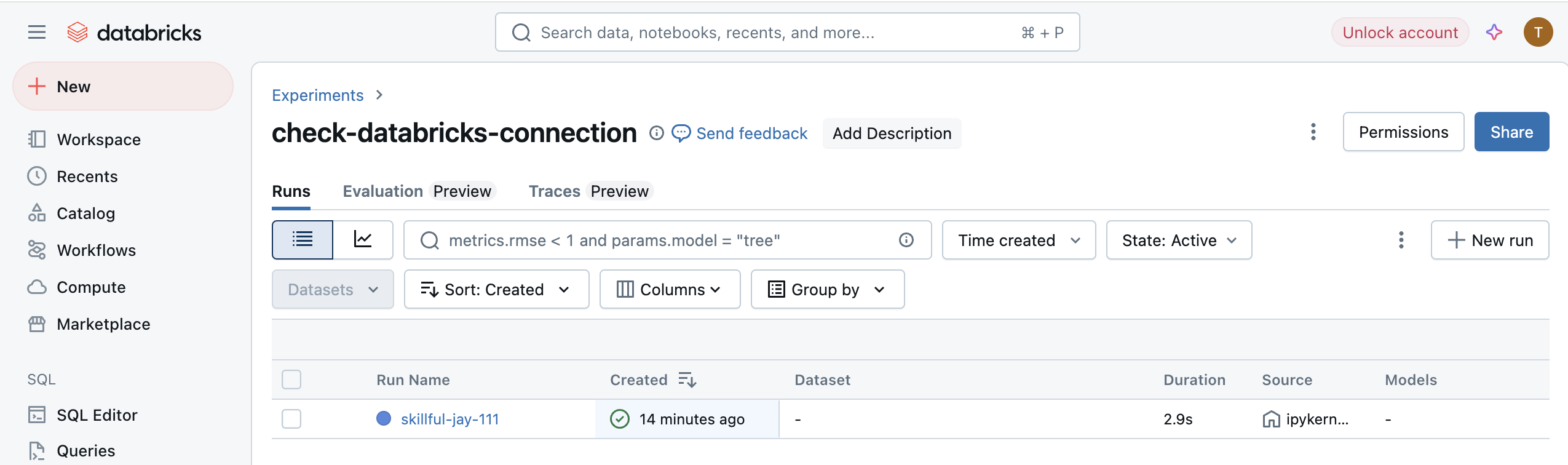 Experiment view of Databricks MLflow server