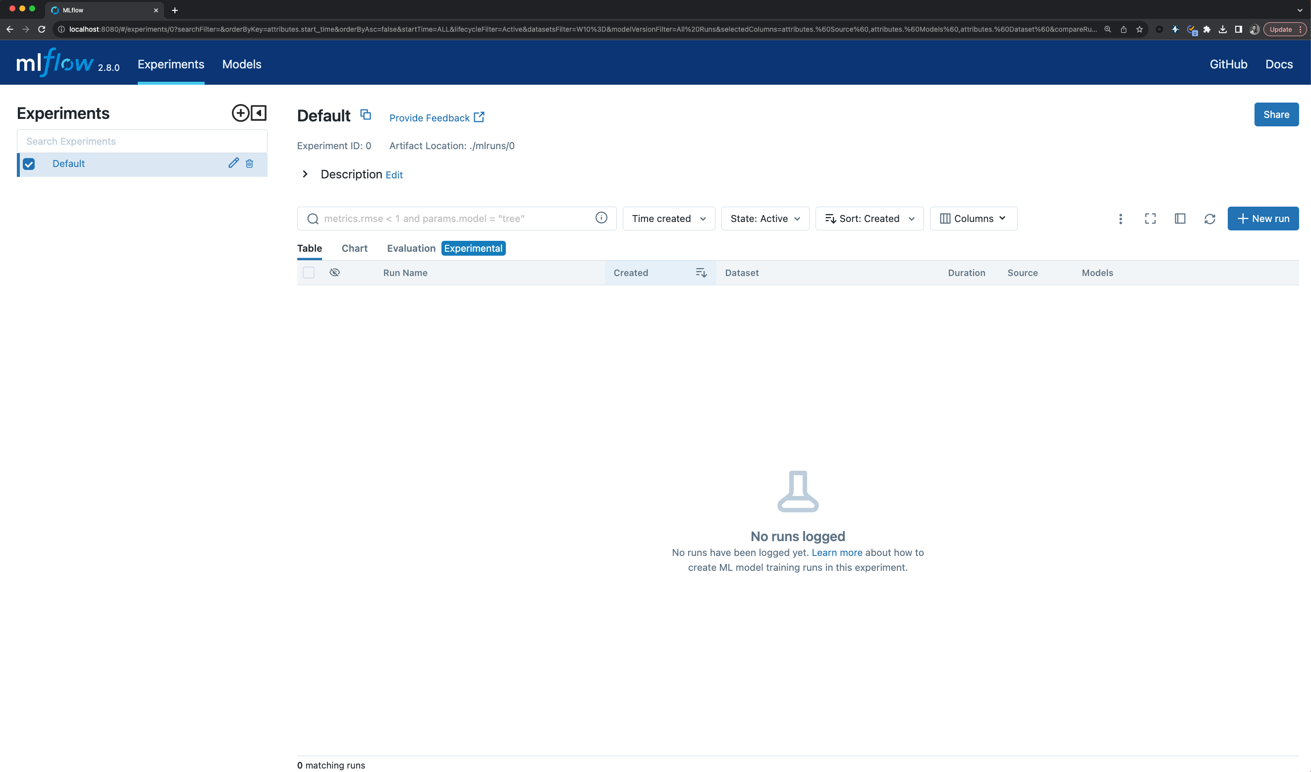 A freshly initialized MLflow UI
