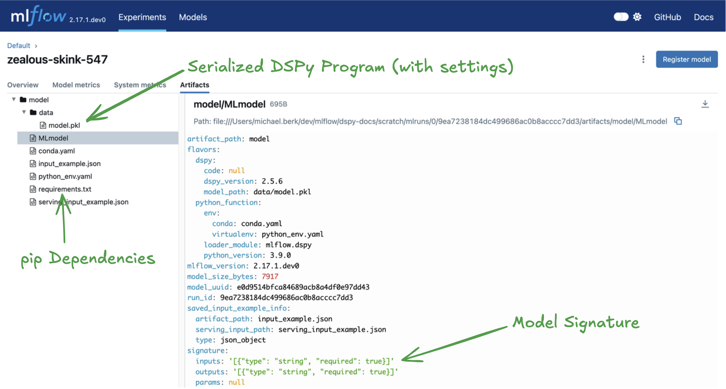 MLflow artifacts for the DSPy program