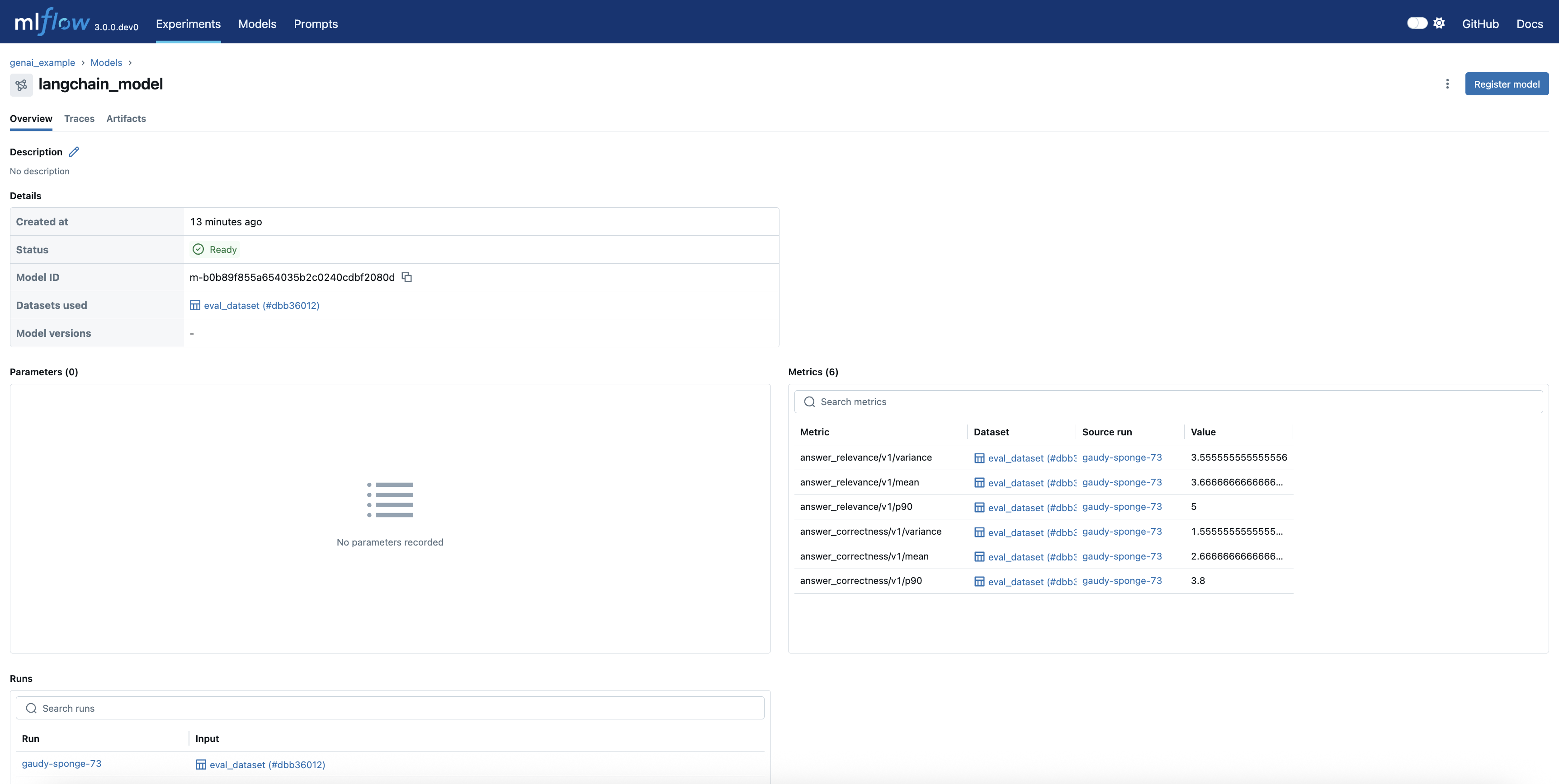 The MLflow UI showing the evaluate run metrics