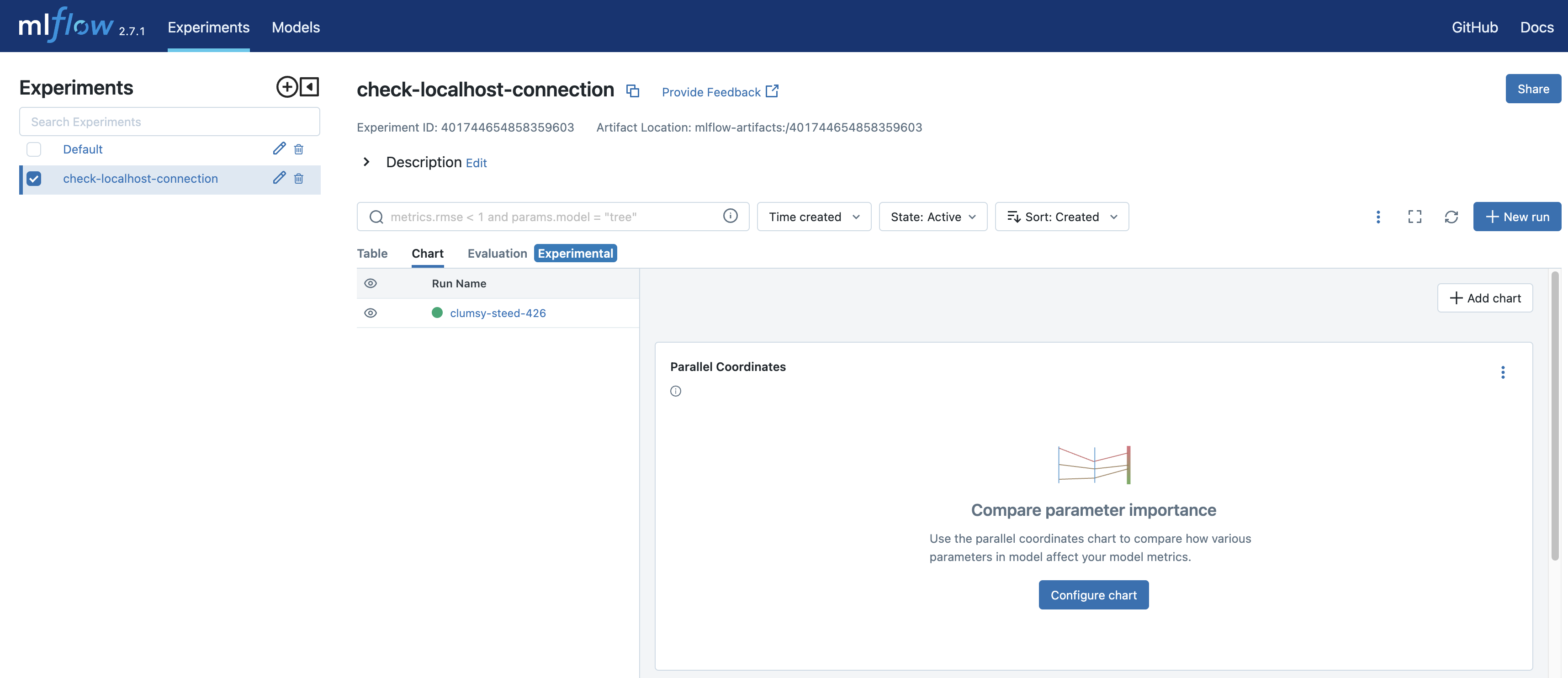 Experiment view of OSS MLflow server