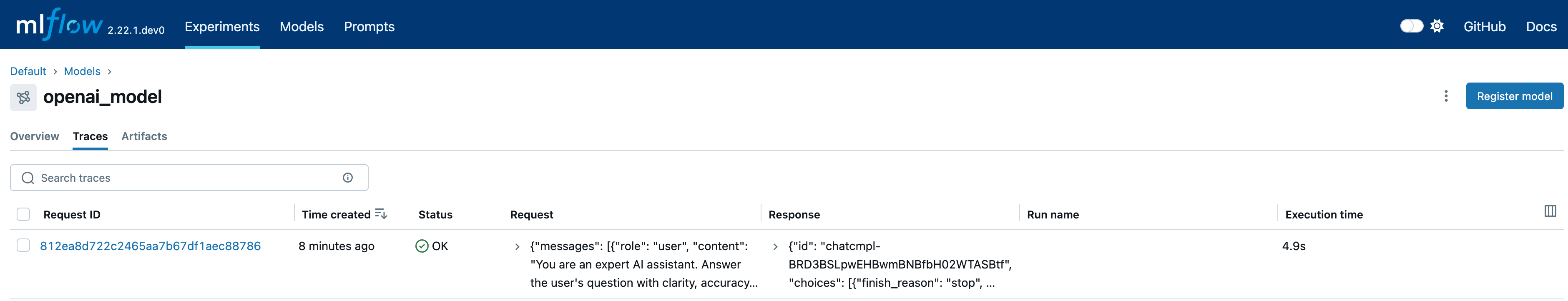 The MLflow UI showing the logged model traces