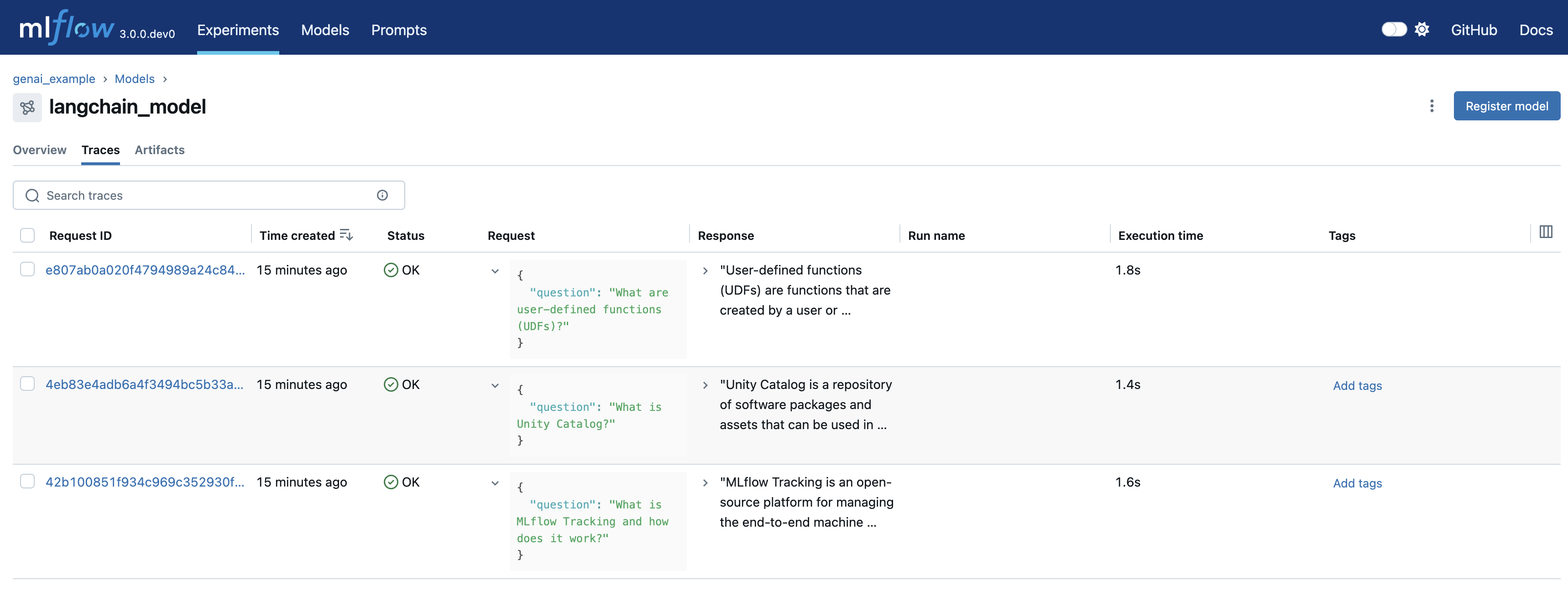 MLflow UI showing LoggedModel with linked traces for version tracking