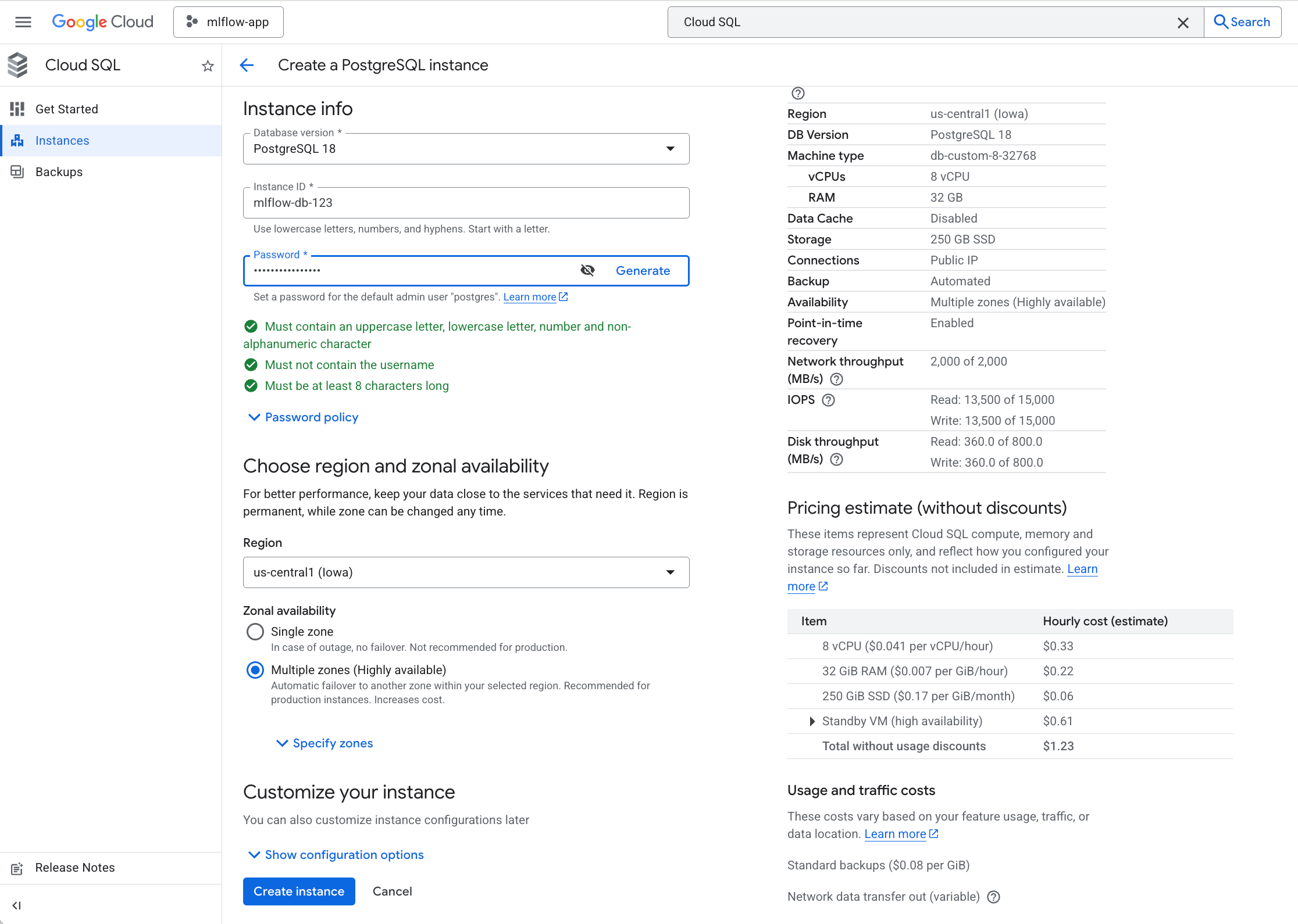 create cloud SQL instance