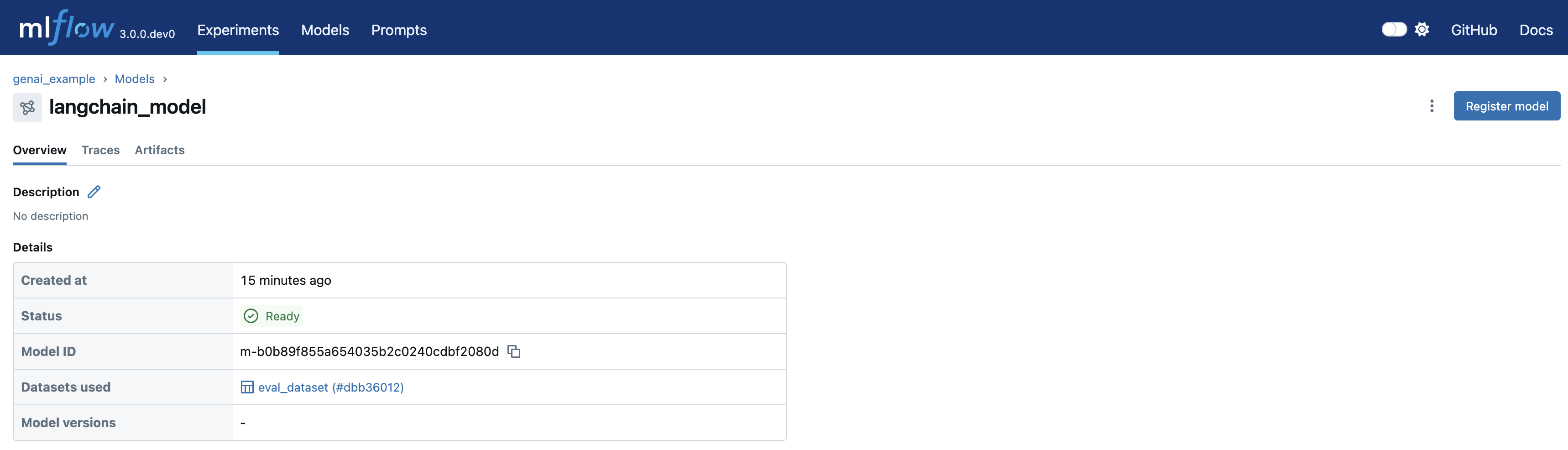 The MLflow UI showing the logged model details
page