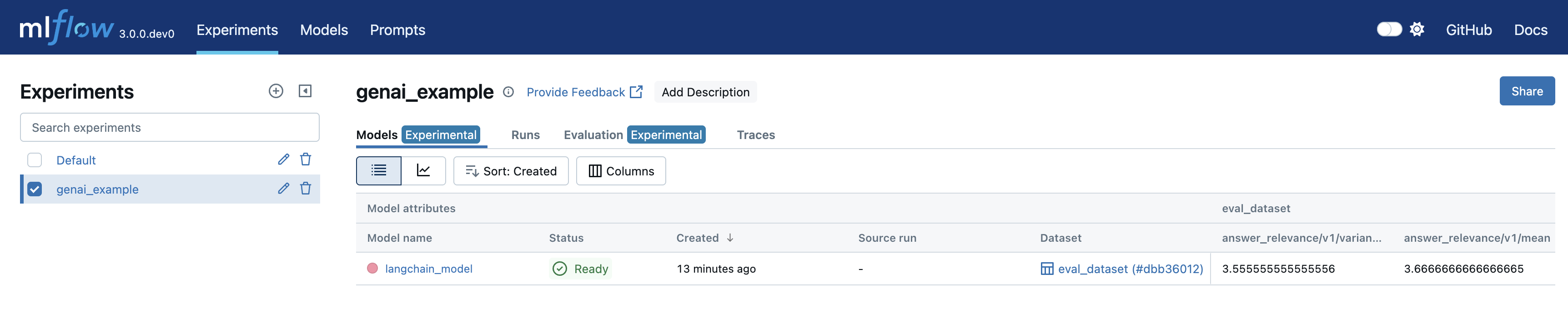 The MLflow UI showing the logged models in an
experiment