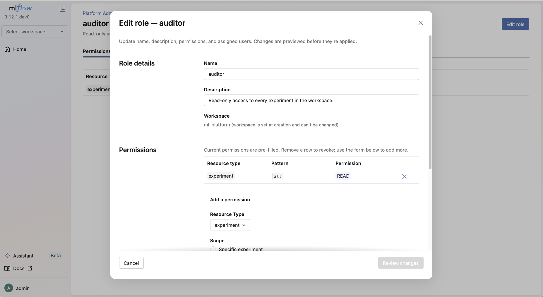 Edit role form with Role details and Permissions sections