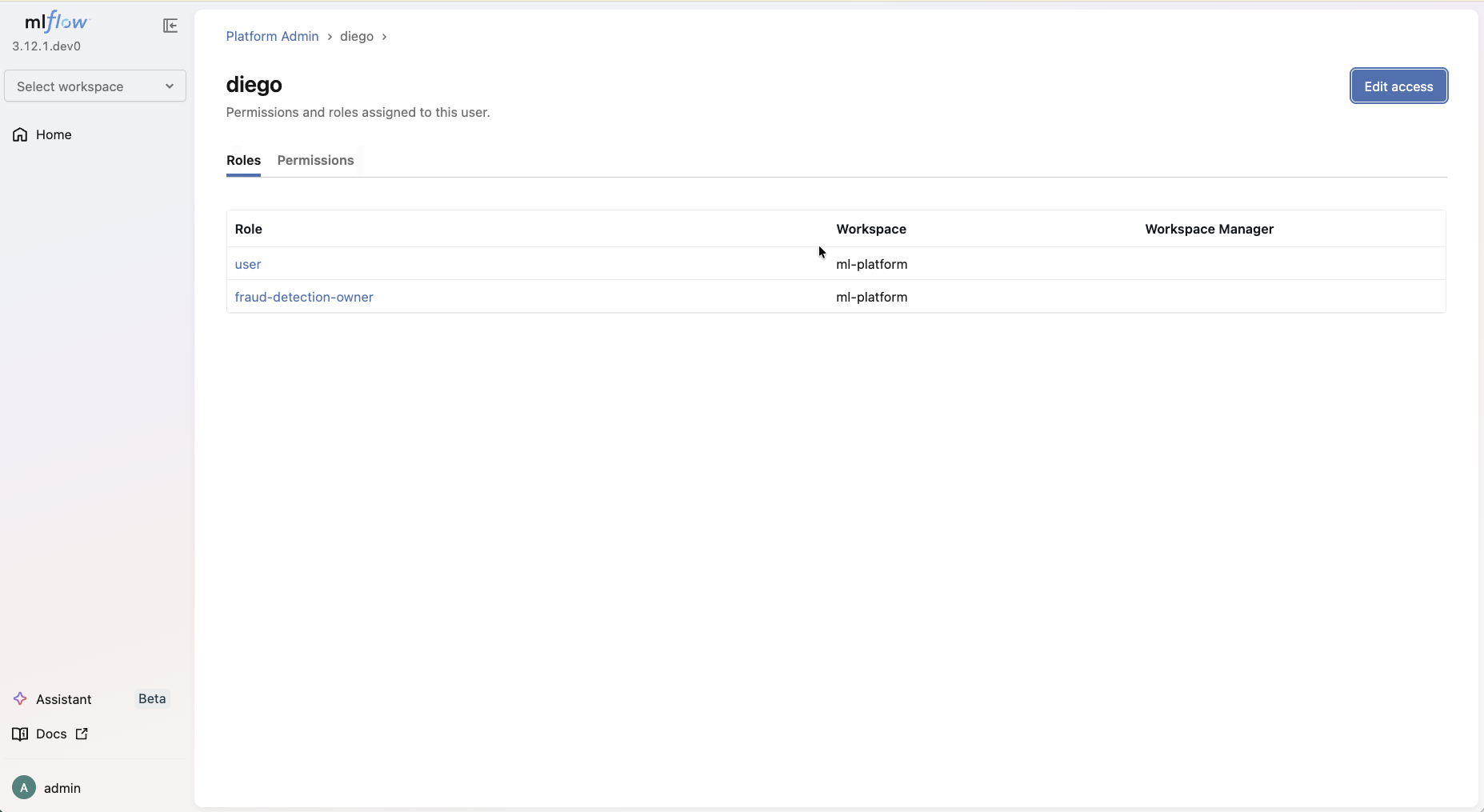 User detail page showing role assignments