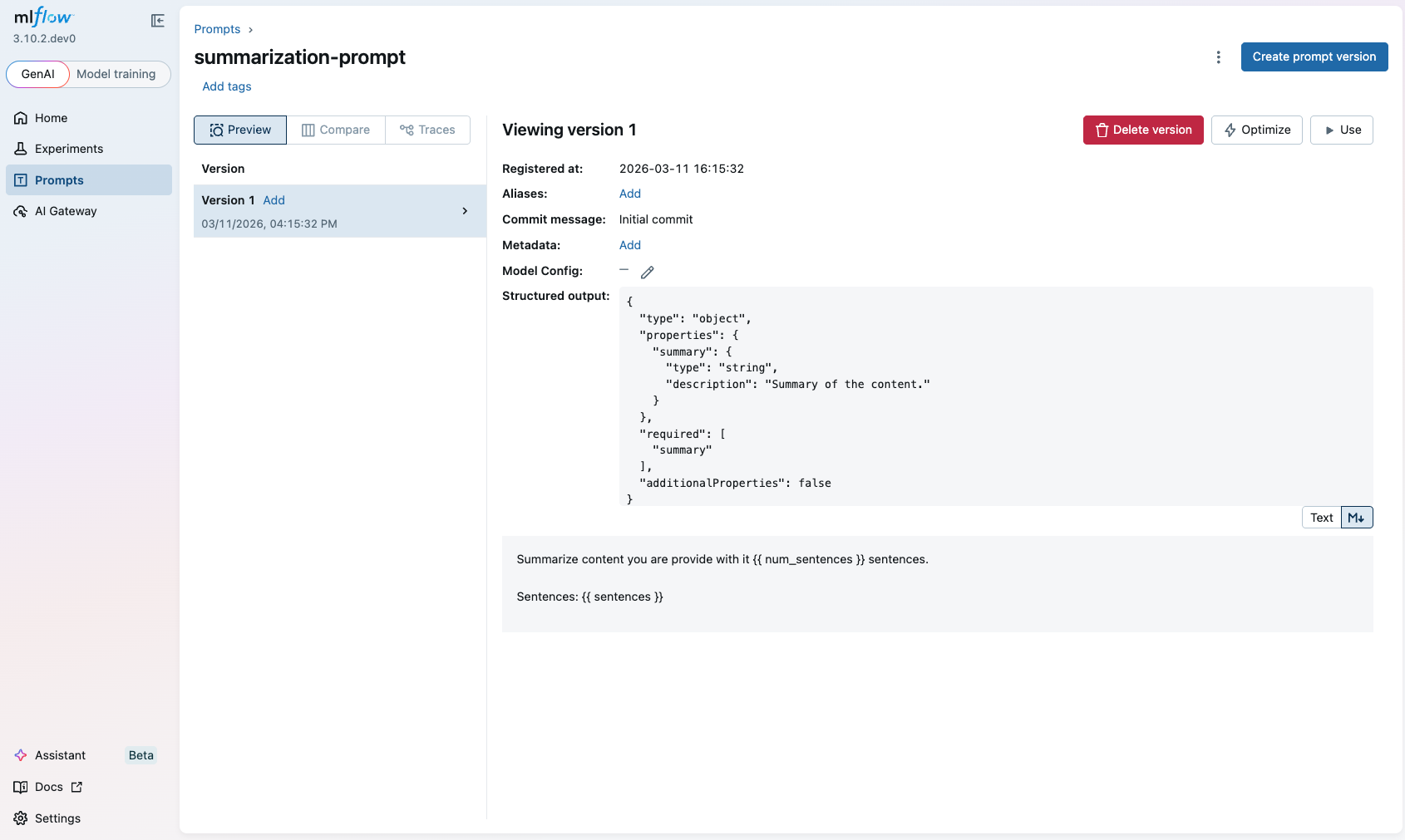 Registered Prompt in UI