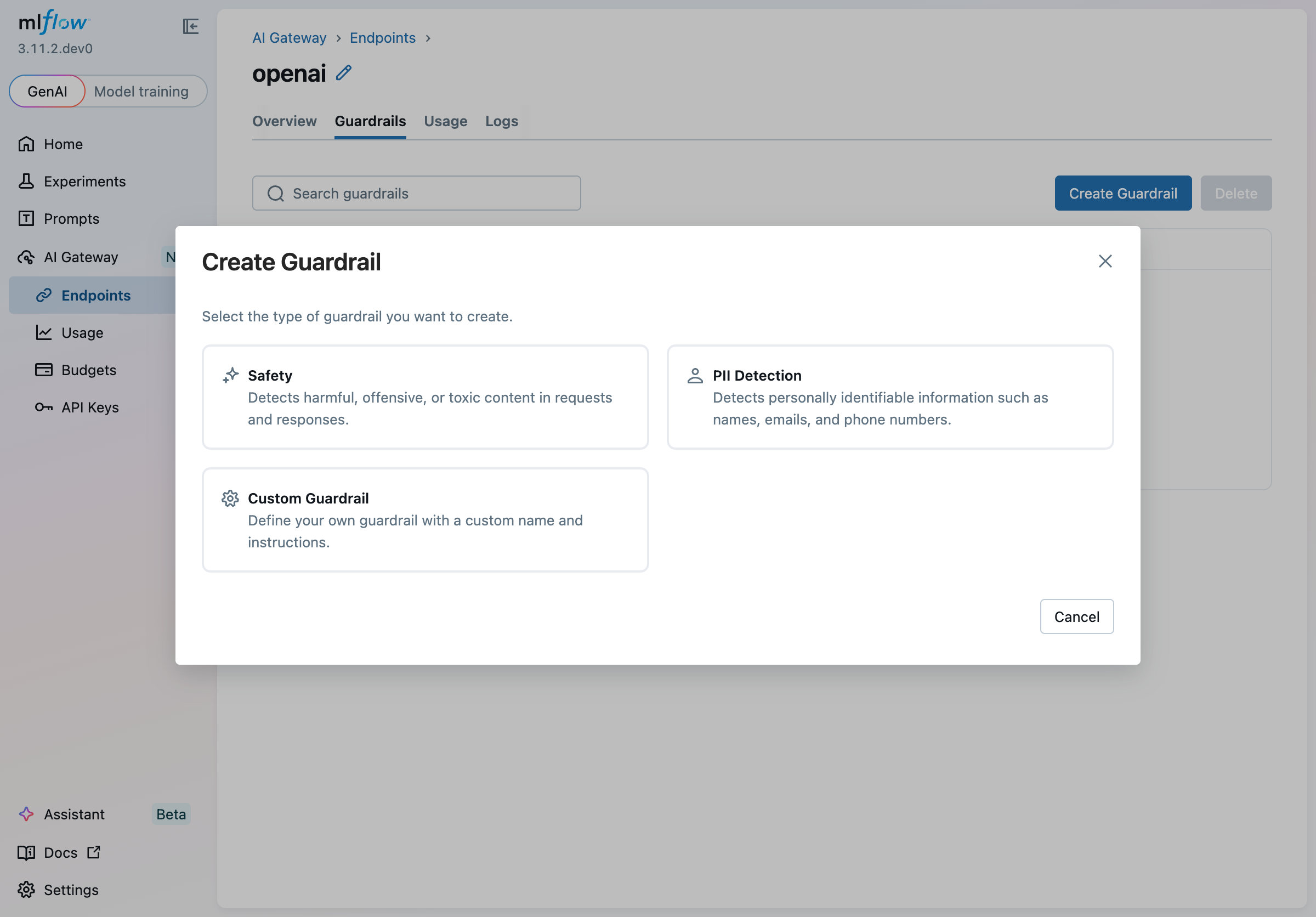Create Guardrail modal showing type picker with Safety, PII Detection, and Custom Guardrail options