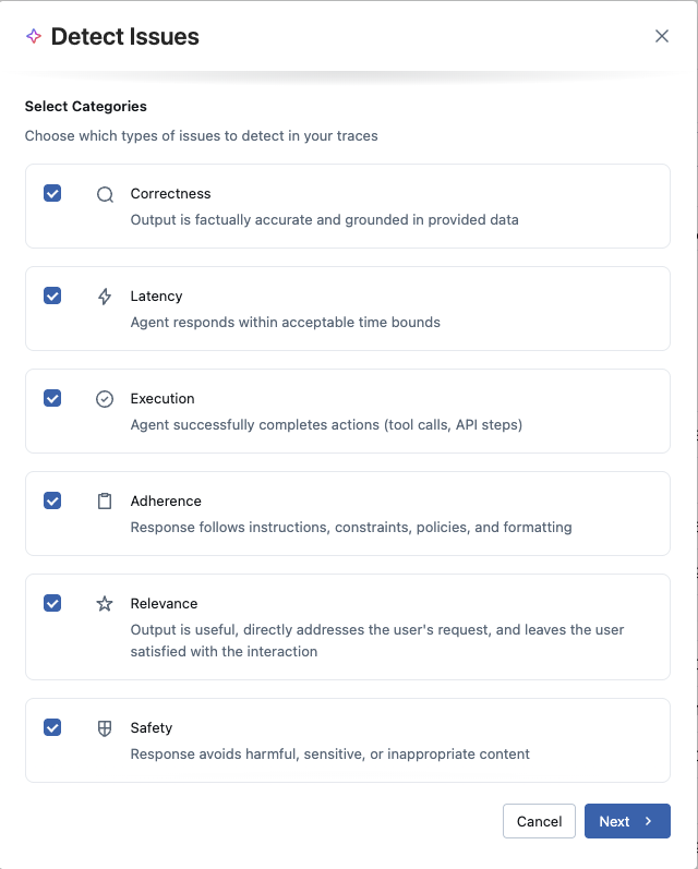 Issue detection categories