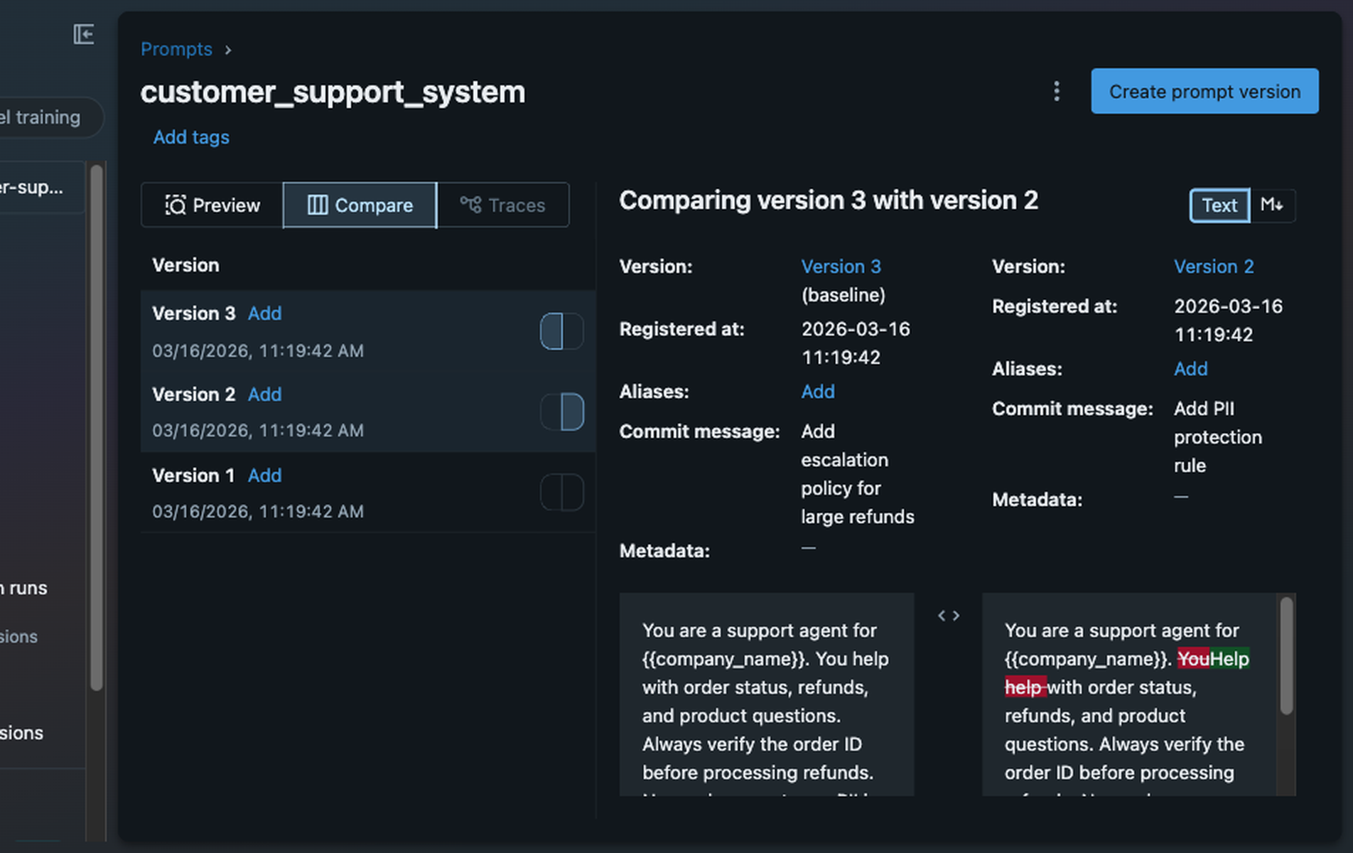 MLflow Prompt Registry UI showing versioned prompts with aliases, diff history, and commit messages