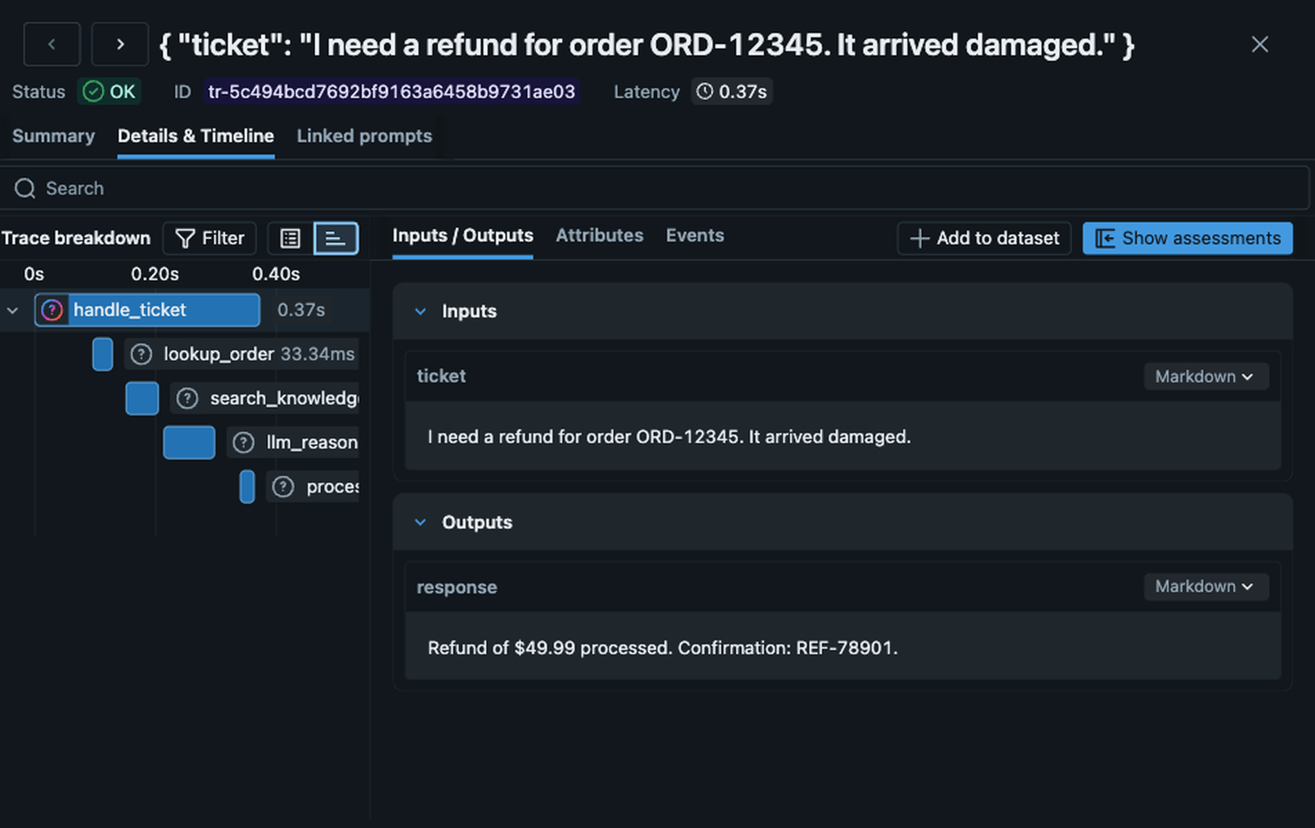 MLflow Tracing UI showing a hierarchical trace breakdown with LLM calls, tool invocations, and latency