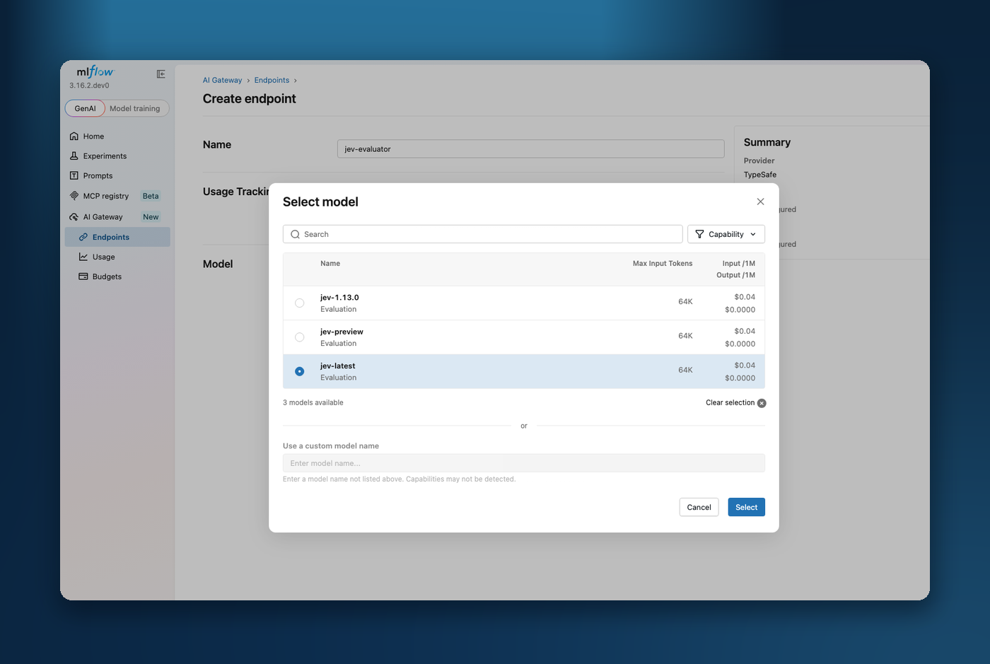 The AI Gateway model selector listing TypeSafe Jev evaluation models with jev-latest selected.